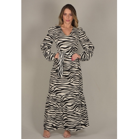 Vestido Mamorena Longo em Viscose Estampada de Zebra com Decote V