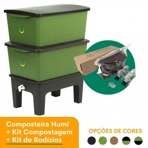 Composteira Humi 90L + Kit Compostagem + Kit Rodízios