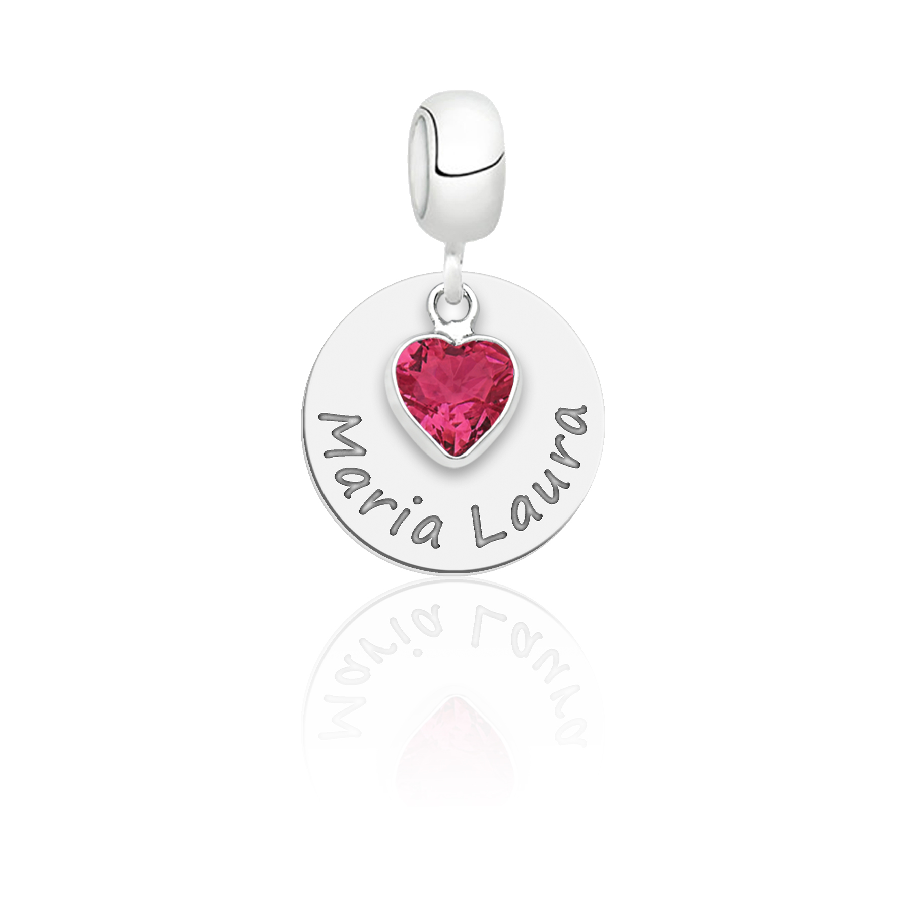 Berloque Personalizado de Julho Coração Rosa Rubelita com Nome em Prata