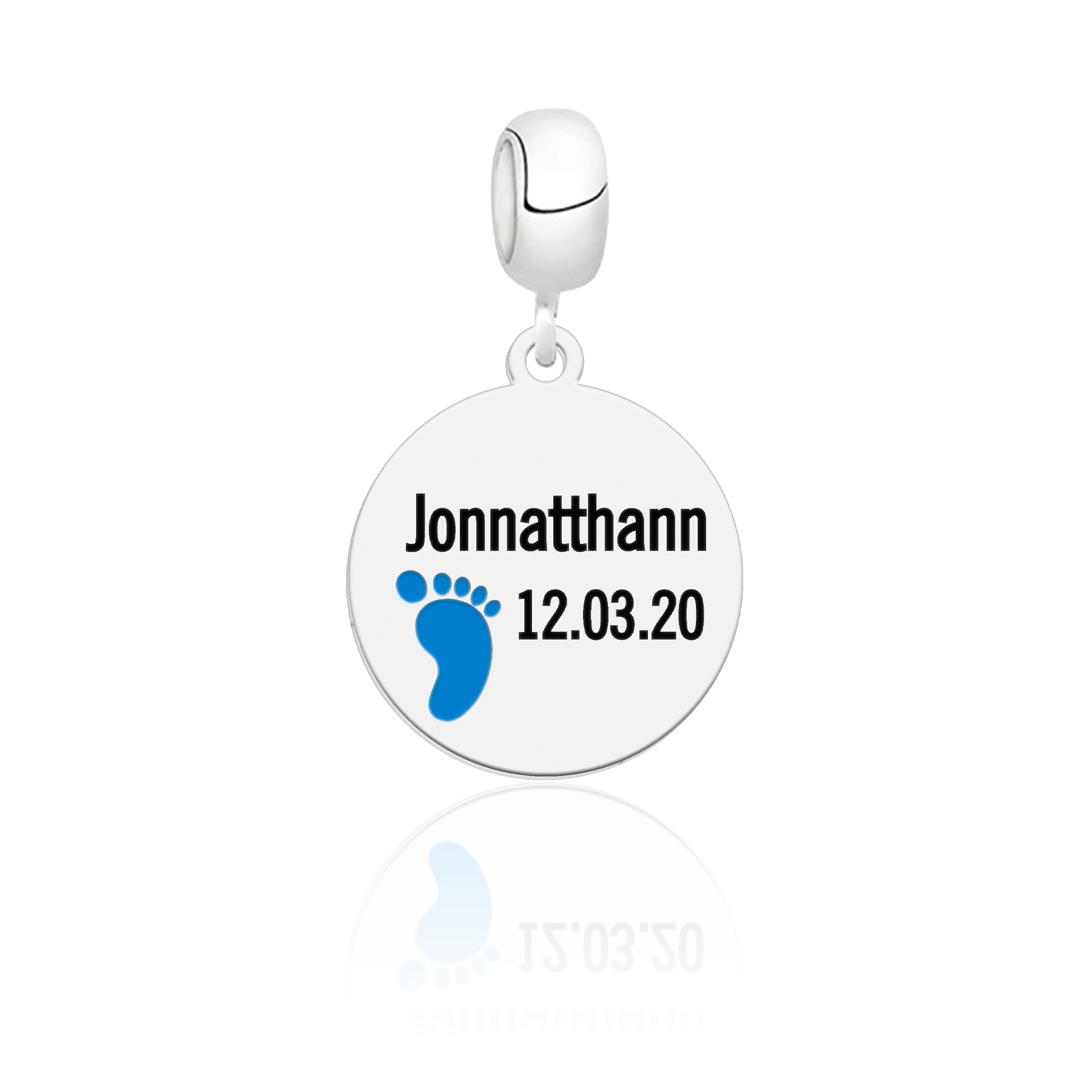 Berloque Personalizado com Nome e Data do Nascimento com Pezinho Azul Turquesa em Prata