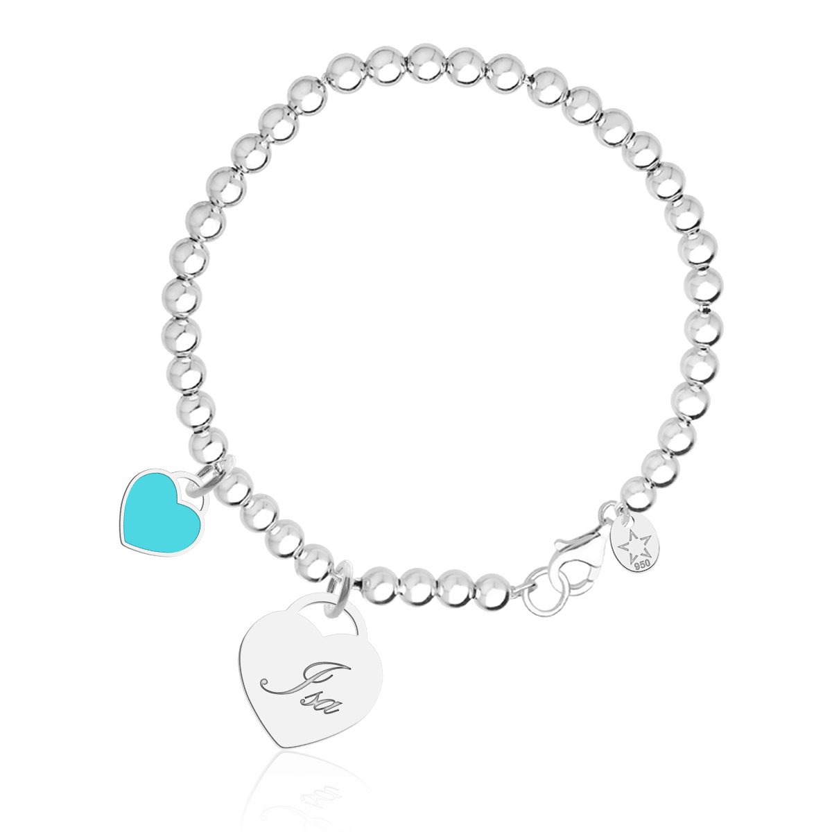 Bracelete Bola Texto e Coração Azul Turquesa Personalizado Dupla Face Coração em Prata