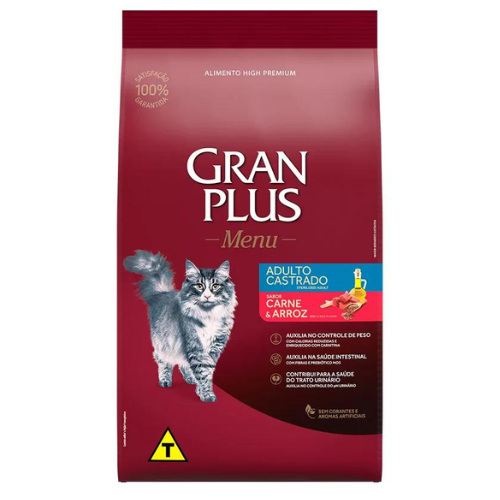 Ração GranPlus para Gatos Adultos Castrados sabor Carne e Arroz