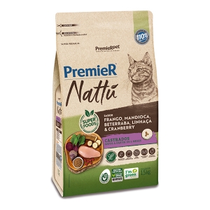 Ração Premier Nattu para Gatos Adultos Castrados Sabor Mandioca 1,5kg