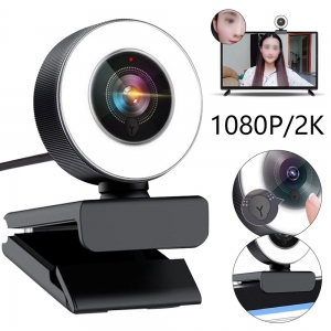 Webcam 2k Full HD com Microfone e Iluminação LED Ring Light Gravações 1080p Widescreen