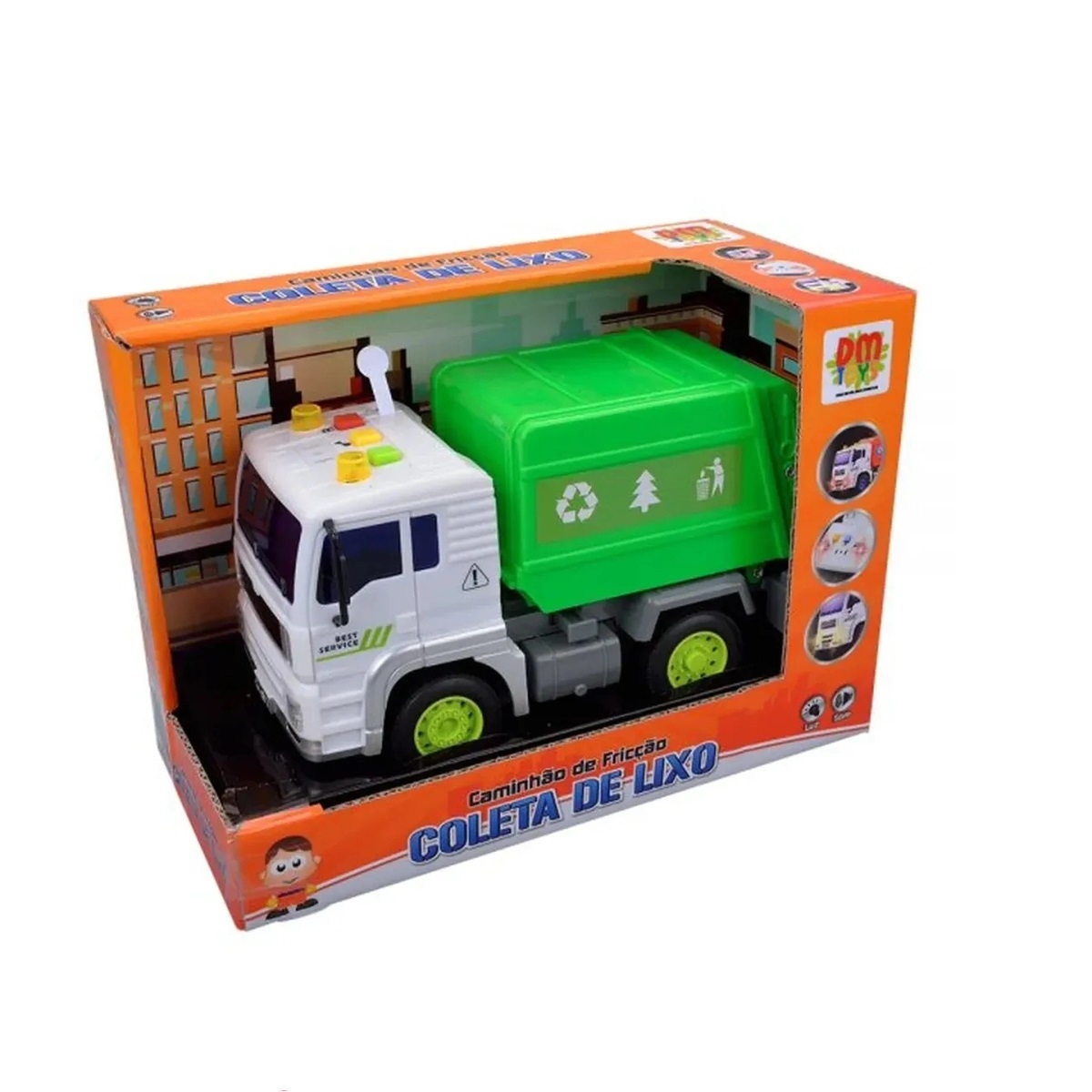 Caminhão De Fricção Coleta de Lixo Com Luz Som Verde - Dm Toys