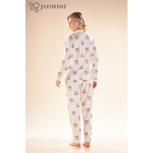 Pijama Manga Longa Abertura Frontal com Calça em Algodão 100% Fio Penteado
