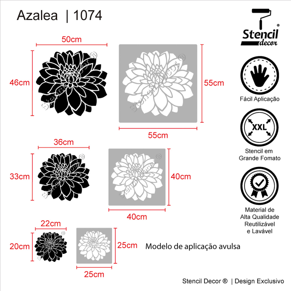 Azalea (KIT 3 PEÇAS D=50/35/20CM) - Stencil para Parede - Stencil Decor