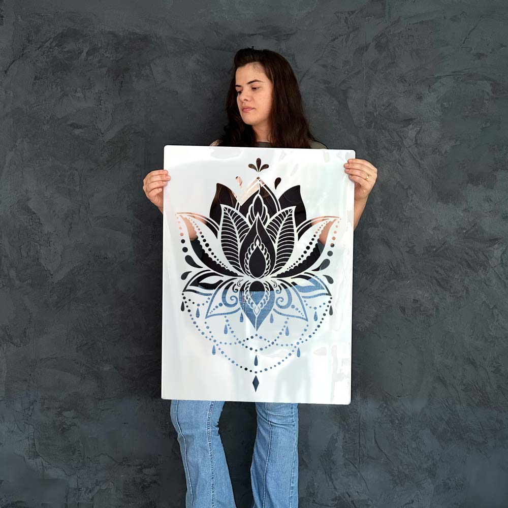 Stencil Flor de Lotus Mehndi 55x85cm - Stencil para Parede - Stencil Decor