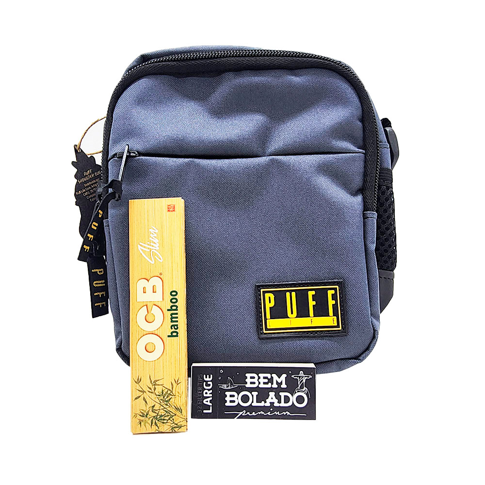 Shoulder Bag Puff CINZA + Piteira Bem Bolado Premium Large + Seda Ocb Bamboo Slim Ks