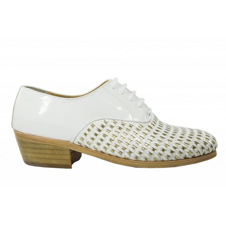 Sapato Masculino com Frente em Tresse Verniz Branco com Tiras Metalizado Dourado - Cód 051B D