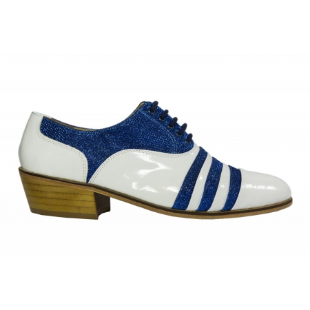 Sapato Masculino em Verniz Branco com detalhes em Tecido Glitter Azul - Cód 050V BA
