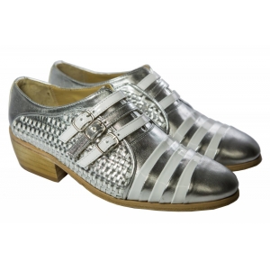 Sapato Masculino Bicolor Metalizado Prata com Verniz Branco - Cód 071 PB