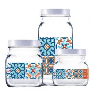 Kit de Potes de Vidro Style Mosaic Decorado Tampa Plast Branco 3 Pcs - Ruvolo