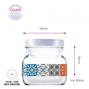 Kit de Potes de Vidro Style Mosaic Decorado Tampa Plast Branco 3 Pcs - Ruvolo