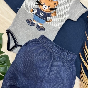 Conjunto Bebê Body Manga Curta Suedine e Calça Malha Jeans - Azul
