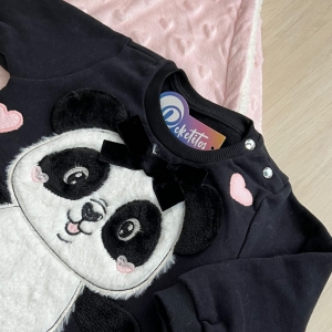 Conjunto Bebê Longo Em Moletom e Calça Em Tecido Ultramicro - Ursinha panda