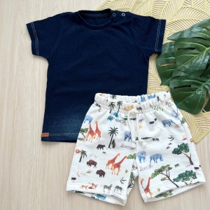 Conjunto T-Shirt Malha Jeans com Shorts Bebê - Safari