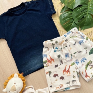 Conjunto T-Shirt Malha Jeans com Shorts Bebê - Safari