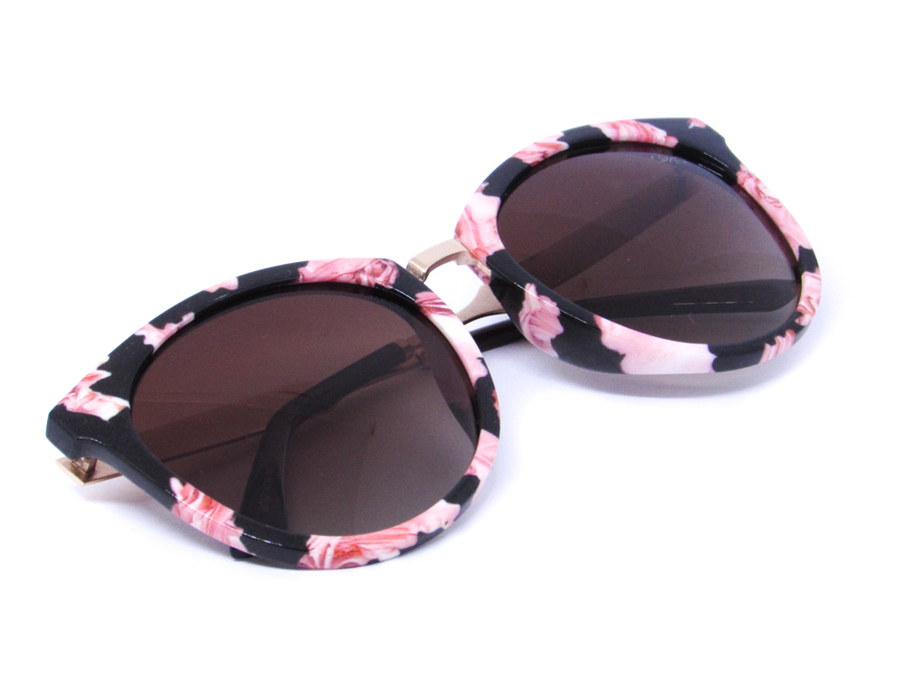 Óculos de Sol Feminino Redondo Preto com Flores Rosas