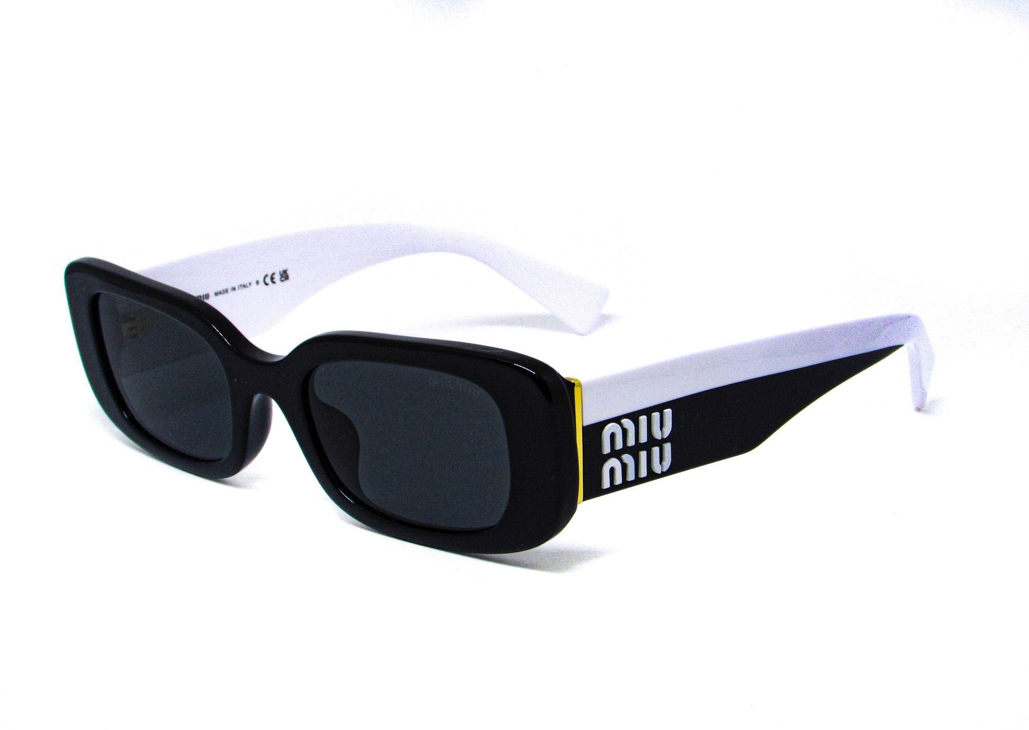 Óculos de Sol MIU MIU Feminino Retangular Preto com Hastes Branco e Preto