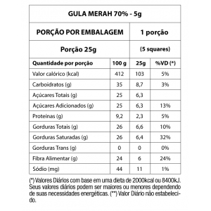 Chocolate Orgânico Gula Merah 70% Cacau - Square 5g - 50un