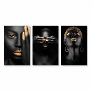 Quadro Triplo Grande - Mulher Negra Maquiagem
