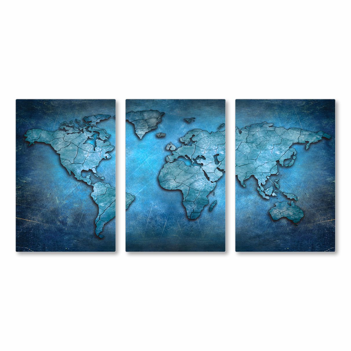 Quadro Triplo Médio - Mapa Mundi Azul