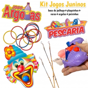 Kit Jogos Juninos Boca do Palhaço + Plaquinhas + Varas + Peixinhos e Argolas C/31 Itens