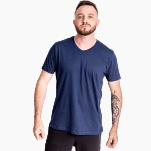 Camiseta Básica de Algodão Gola V Cor Azul Marinho 30.1 Penteado