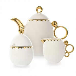 Cj em Porcelana Para Café e Chá Branco C/ Dourado Egg 3Pçs