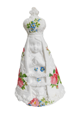 Imagem de Nossa Senhora Aparecida branca com decoupagem floral 15 cm peso 230 gramas