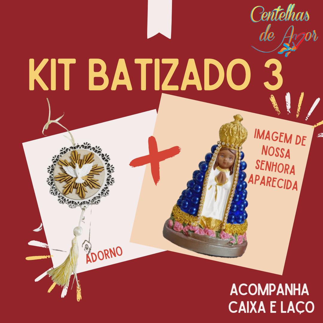 Kit Batizado 3 - Imagem estilizada de Nossa Senhora Aparecida de 15 cm com pérolas azuis + Adorno do Divino + Caixa de acetato