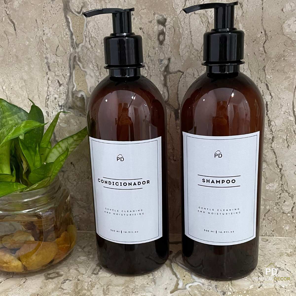 Kit Frasco Para Shampoo e Condicionador  Âmbar Com Pump Preto - 500 ml - Pet