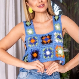 Cropped Croche Decote Quadrado Azul