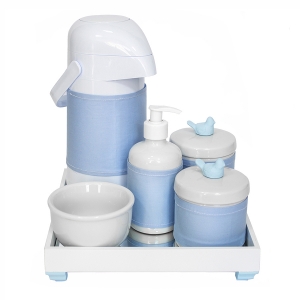 Kit Higiene Espelho Completo Porcelanas, Garrafa e Capa Passarinho Azul