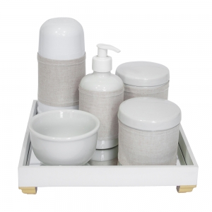 Kit Higiene Espelho Completo Porcelanas, Garrafa Pequena e Capa Dourado