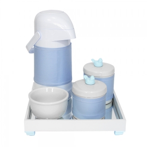 Kit Higiene Espelho Potes, Garrafa, Molhadeira e Capa Passarinho Azul