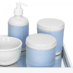 Kit Higiene Espelho Potes, Molhadeira, Porta Álcool-Gel e Capa Azul