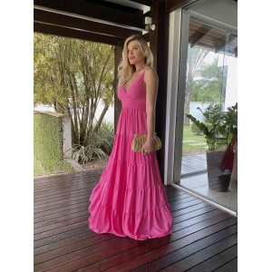 Vestido Longo Alça Fina Lastex nas Costas - Pink