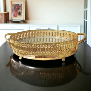 Bandeja Espelhado Oval Dourado - 7x30cm - Bandeja de Luxo em Metal de Design Exclusivo - Clássica para Decoração Vintage!