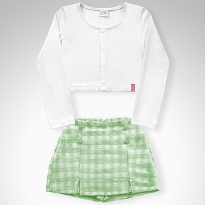 Conjunto blusa manga longa em ribana canelada 5x3 viscose e short saia em tecido tramy boucle