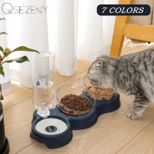 Alimentador automático Pet com fonte de água, cão e gato tigela de comida, duplo bebendo levantado Stand prato tigelas, 3 em 1