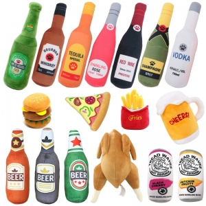 Funny Plush Toys for Dog Squeaky Beer Bottle Food Shape Dog Toy Bite-Resistant Winebottle Chew Toy Pet Supplies Interactive Toys