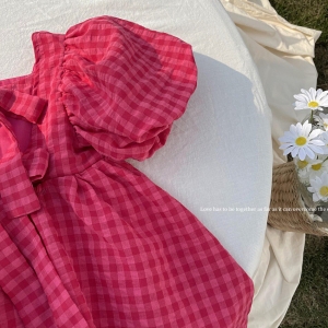 Vestido feminino elegante princesa, roupa xadrez rosa, roupa de bowknot, sem encosto, crianças, fantasia de bebê, crianças, tops de verão, 1-6t, 2023