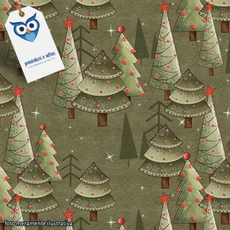 Árvores de Natal Fundo Verde - Coleção Natal Encantado - Fuxicos e Fricotes - Digital - 50cm X 150cm