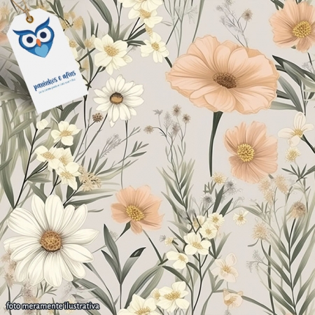 Flor Pastel com Margaridas - Coleção Flores Pastel - Fabricart - Digital - 50cm X 150cm