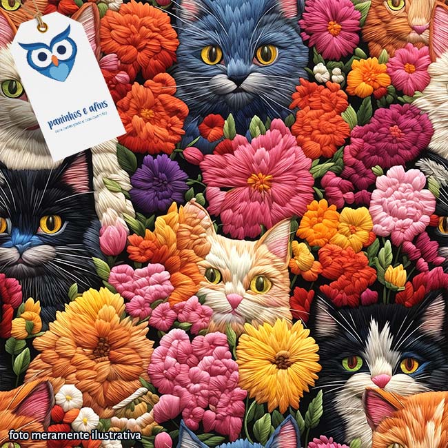 Gatos e Flores Bordados - Animais Bordados - Fabricart - Digital - 50cm X 150cm