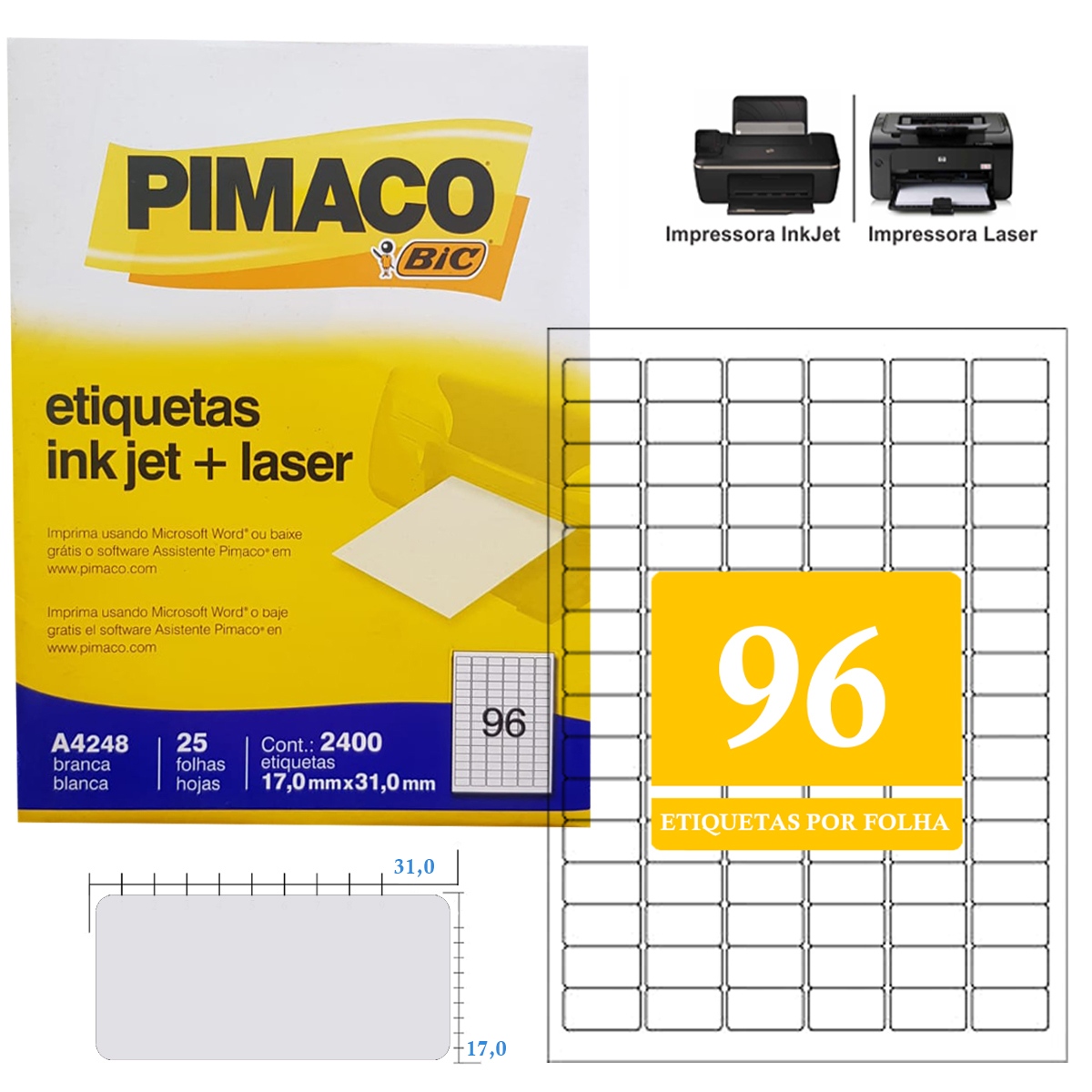Etiquetas 96 Tamanho  17,0X31,0 Pimaco papel A4 Adesiva Ink-jet/laser 25 Folhas - Foto 1
