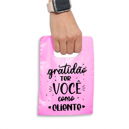 Sacola Plástica 15x20 - Pct com 50 unidades - Frase Gratidão - Rosa Claro