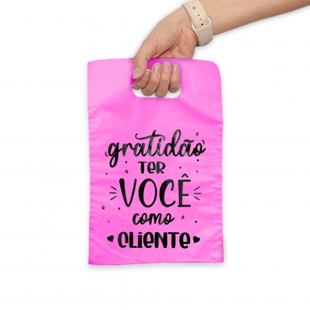 Sacola Plástica 20x30 - Pct com 50 peças - Frase Gratidão - Pink